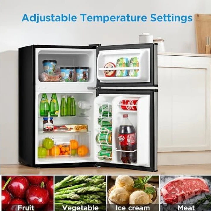 Midea 120L double door fridge open showing freezer and fridge sections